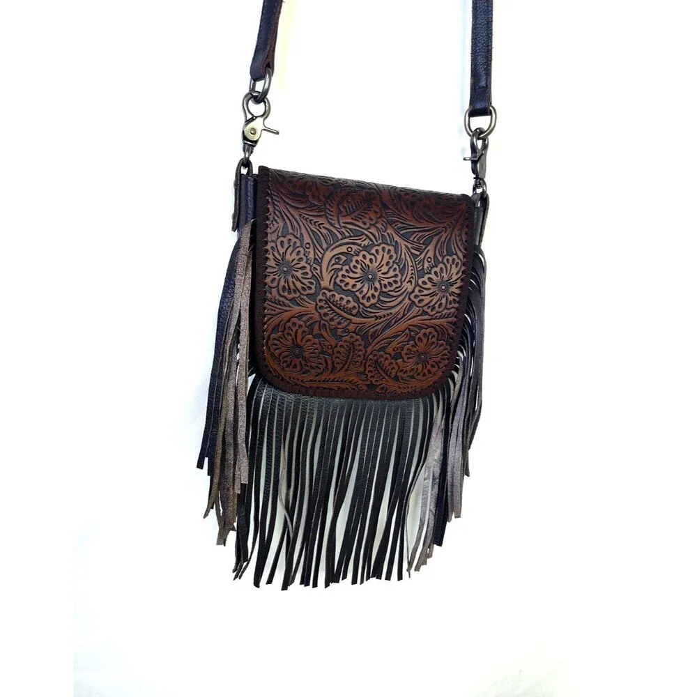 Mountain West Tooled Leather Crossbody Purse, Small, Fringed Dark Brown Handbag